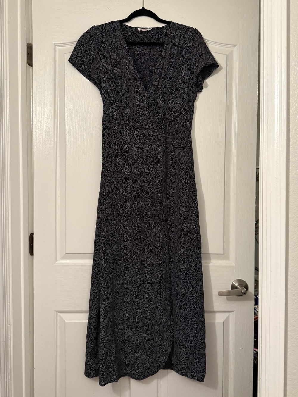 Women’s Black Polkadot Wrap Maxi Dress with Cap Sleeves